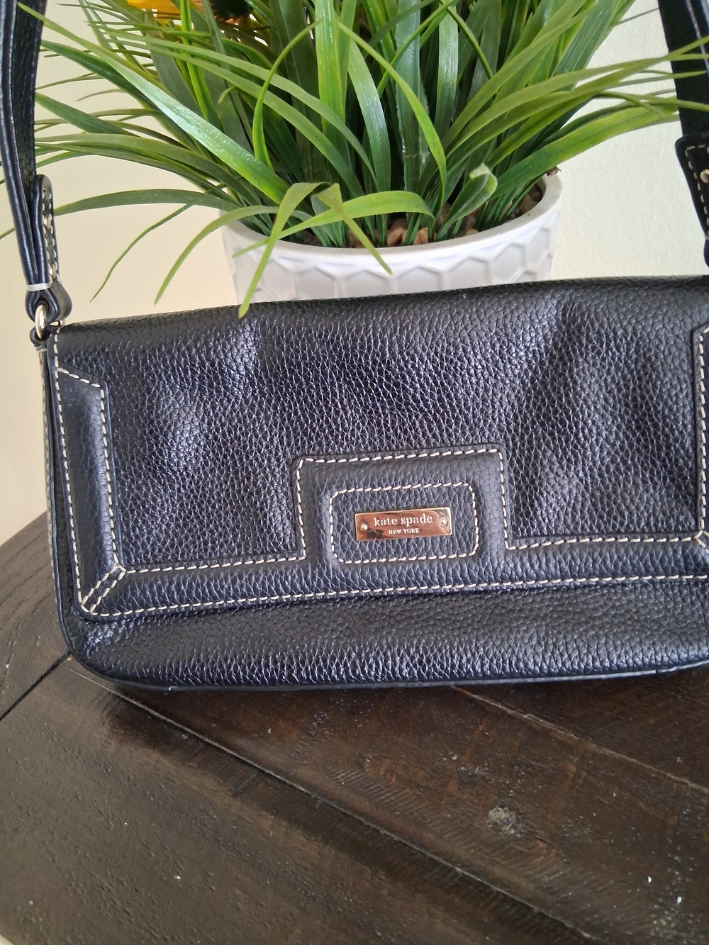 kate spade Black Pebbled Leather Shoulder Bag with Contrast Stitching